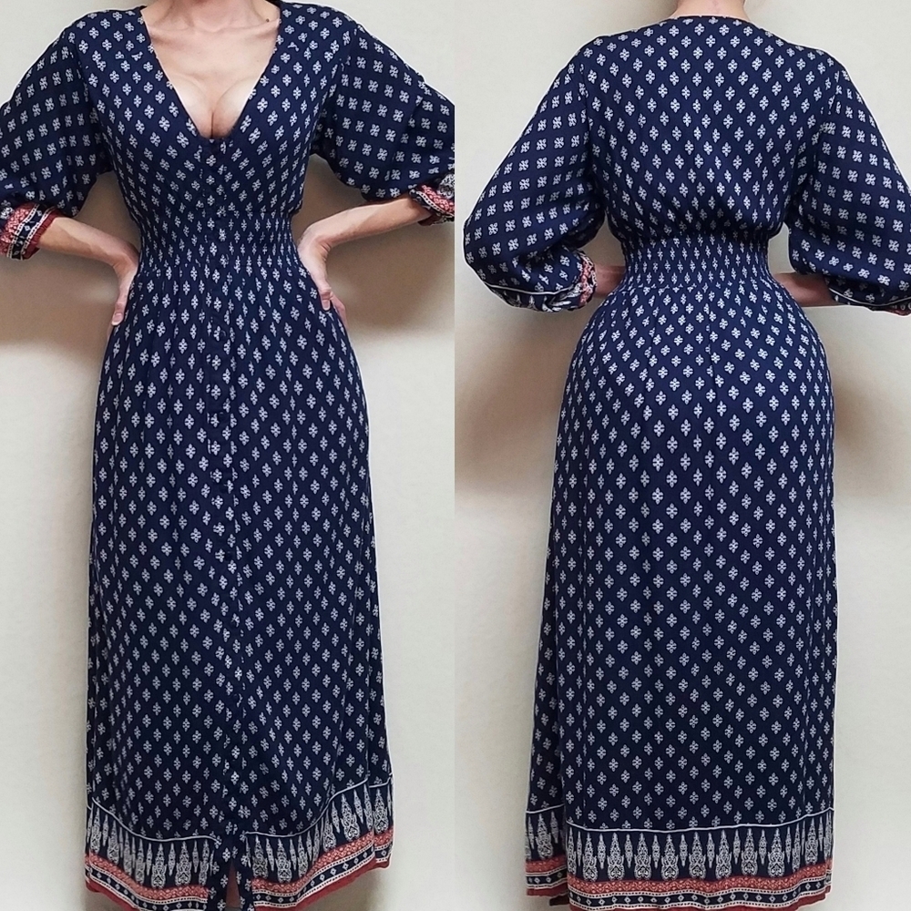 J. Gee Boho Navy Blue Red Floral Print V-neck Shirred Waist Button Max Dress XL
